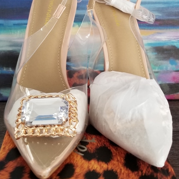 Lemonade Clear PU Slingback Lace up w/Nude & Gold Accents w/ Clear Stone - Picture 2 of 7